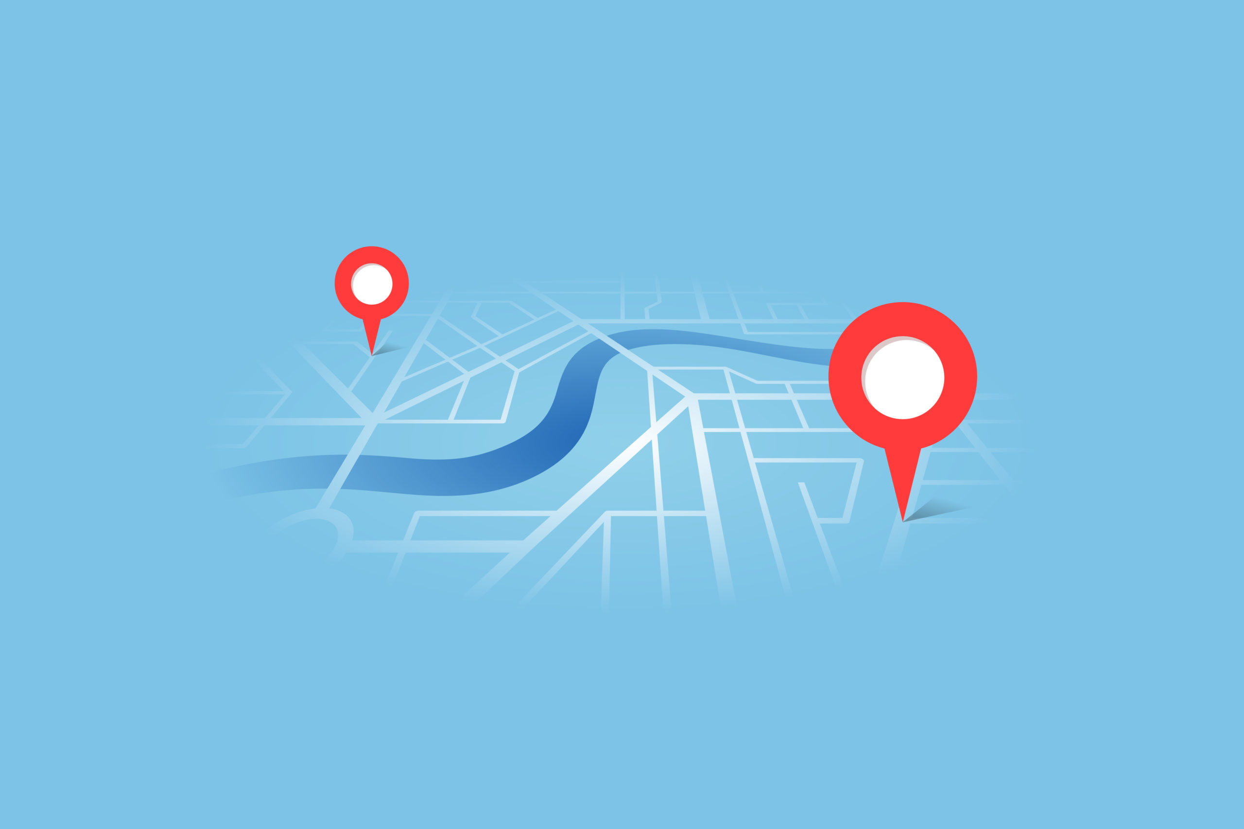 City street map plan with river GPS place pins and navigation route between point markers. Vector blue color perspective view isometric eps illustration location schema